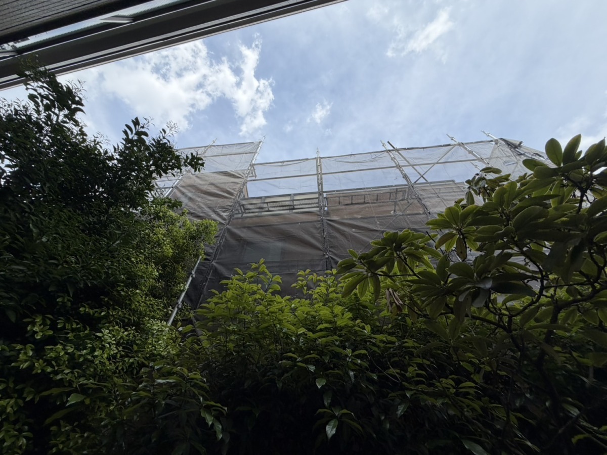 建物の別方向から見た足場