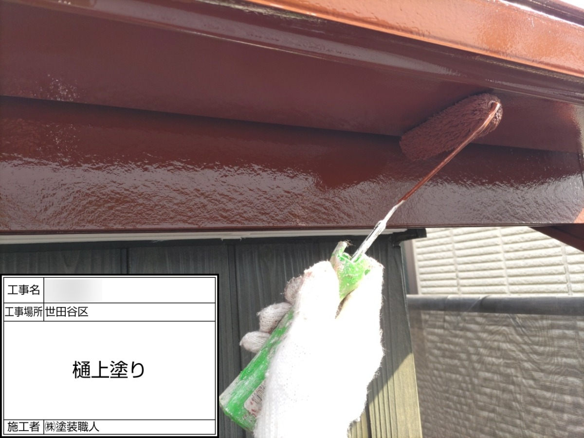 p25505-042 世田谷区の戸建て塗装工事:軒先の雨樋の上塗り